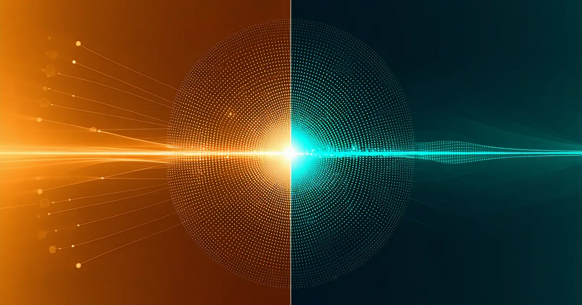 Abstract visualization contrasting machine learning neural network patterns with physics-based force field trajectories