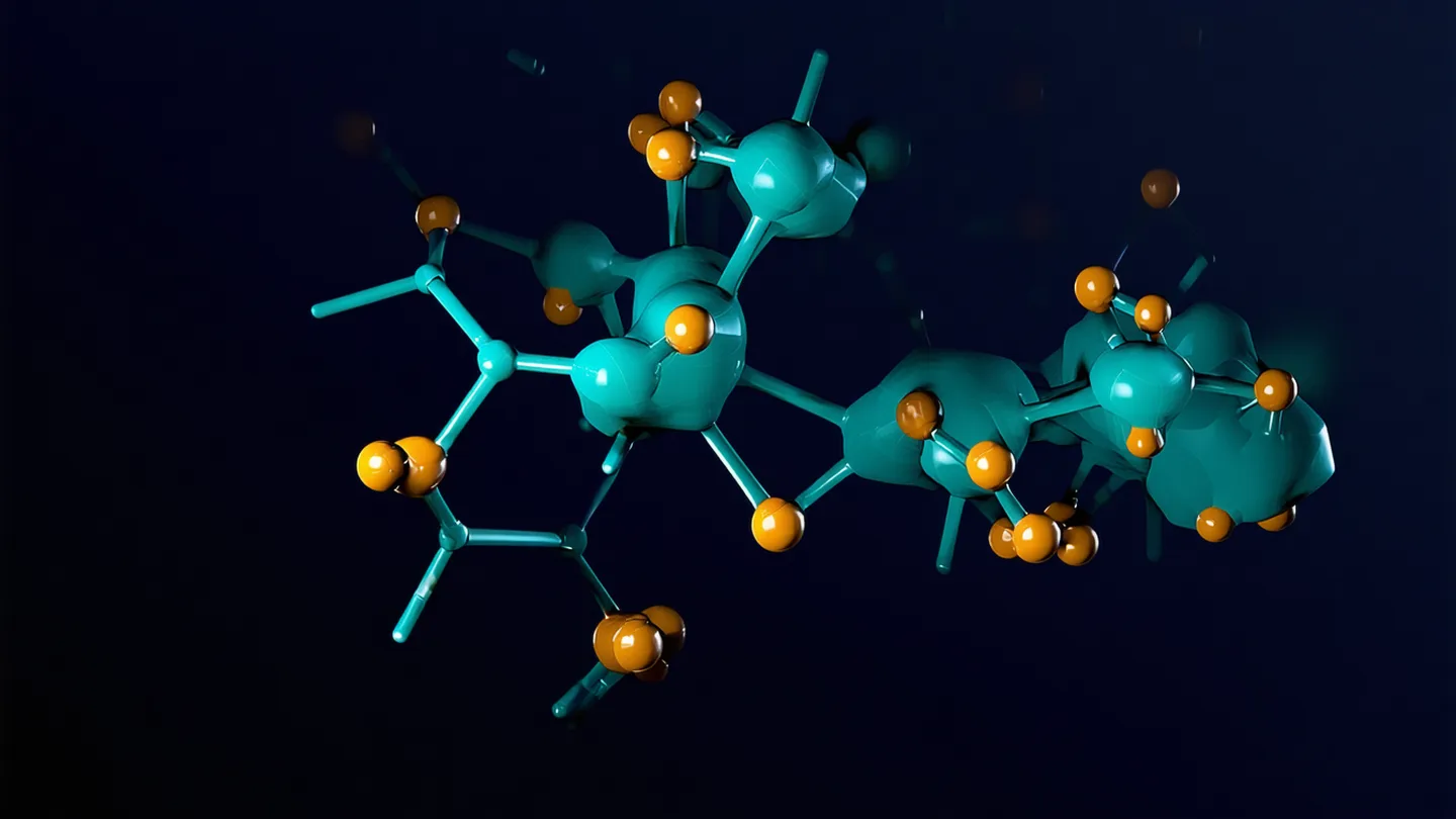 3D visualization of protein binding pocket with small molecule ligand docked in teal-lit cavity against deep navy background