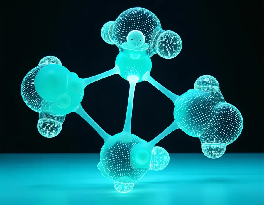Abstract molecular trajectory visualization showing multiple conformer states of a small molecule as teal ghost overlays against deep navy background